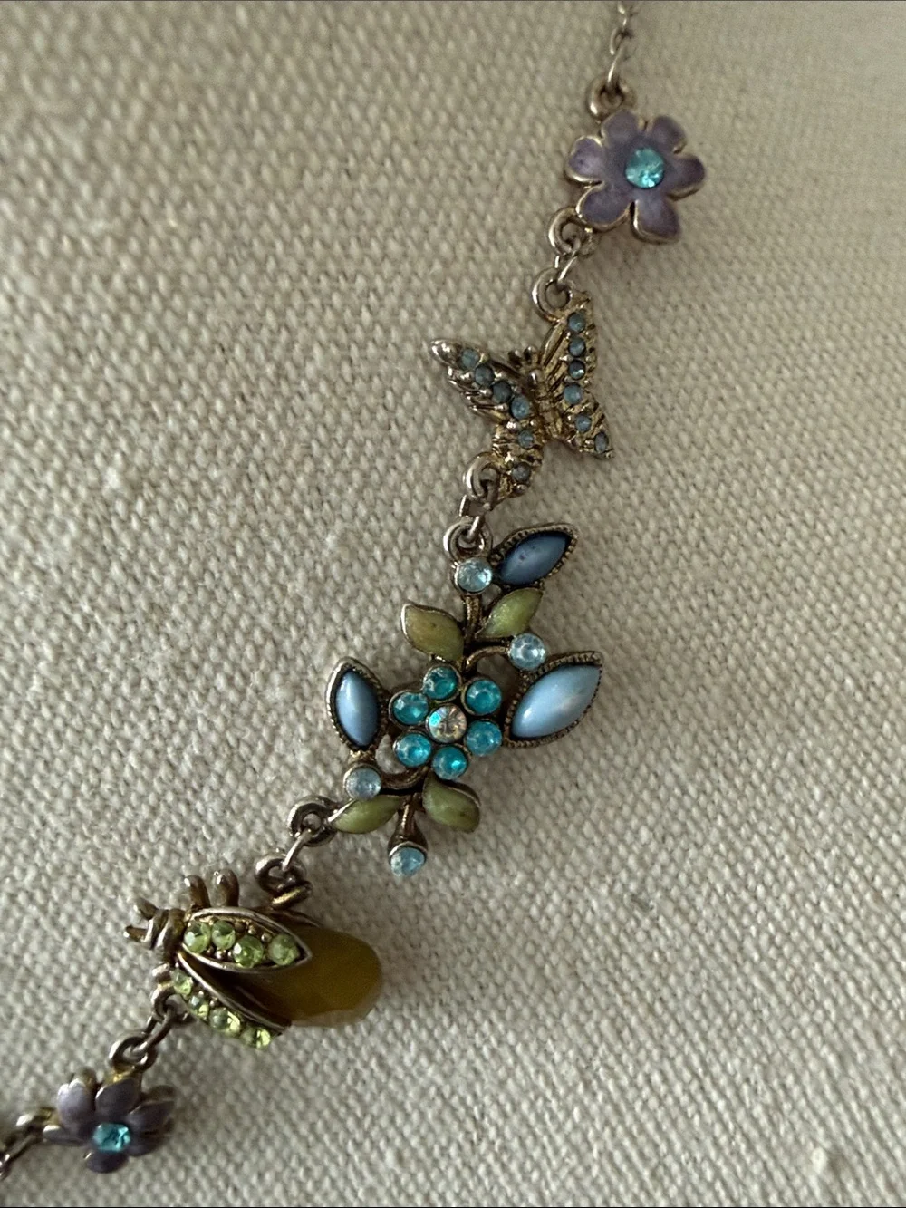 Flowers, Butterflies & Ladybugs on Y Shaped Silver Tone Adjustable Necklace.